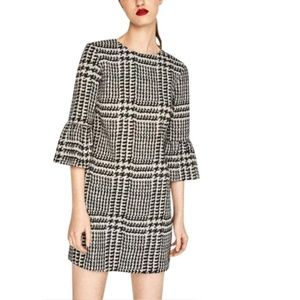 Zara Black and White Tweed  Houndstooth Bell Sleeve Mini Dress